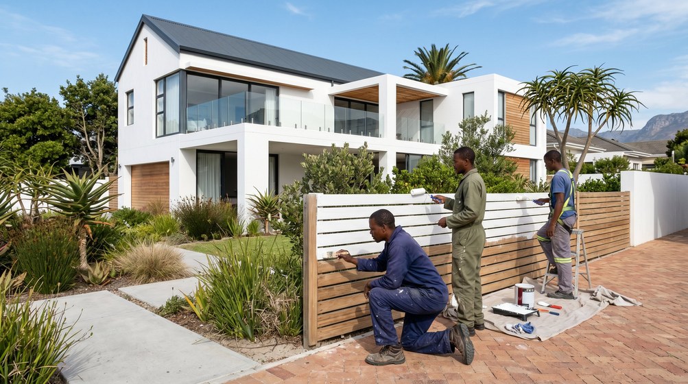 Professional fence painters painting a wooden fence at a Garden Route home in Vredehoek